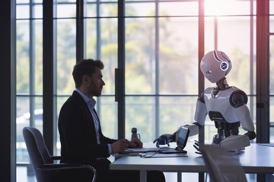 a job interview scenario with a futuristic robot in a modern office setting.