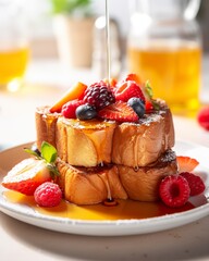 A juicy French toast with maple syrup and fruit. Presentation of French toast with a fresh variety of fruits in a gastronomic experience. Golden and crispy toast.