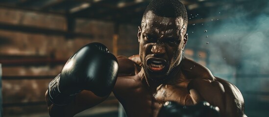 Angry African American boxer training with intensity in a dark gym. - obrazy, fototapety, plakaty
