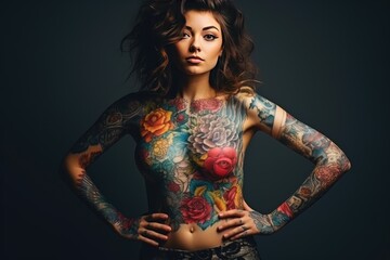  Inked Beauty: Confident Woman Showcasing Vibrant Full Body Tattoos