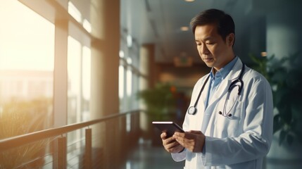 Male doctor using tablet computer at hospital corridor. Medical and healthcare concept. Generative AI