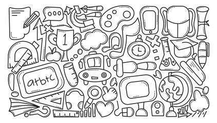Hand Drawn Education Elements in Black and White Doodle Art Style. Suitable for Vector Illustration Templates