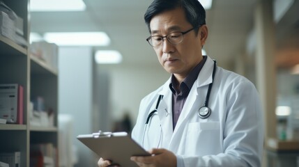 asian male pharmacist using digital tablet in pharmacy drugstore. Generative AI
