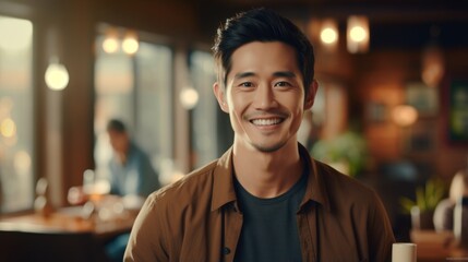 Portrait of smiling asian man looking at camera in coffee shop Generative AI