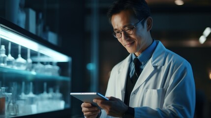 Portrait of a handsome male scientist using a digital tablet in a laboratory Generative AI