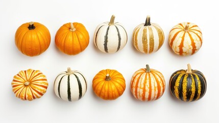 Set of decorative pumpkins isolated on white background, top view. Generative AI