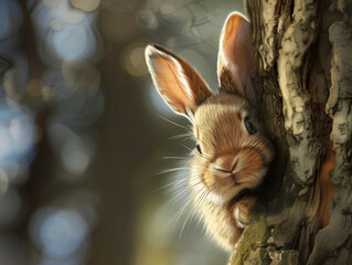 Cute rabbit peeking out of a tree in the forest