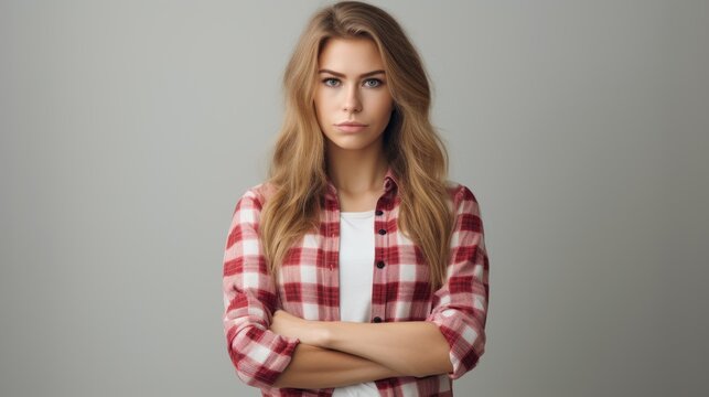 Portrait of a beautiful young woman with long blond hair in a plaid shirt Generative AI