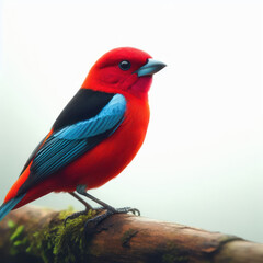 Fototapeta premium Beautiful Crimson-backed Tanager, Ramphocelus dimidistus, tangara carmesi, Красивая танагра с малиновой спиной, high quality portrait, isolated white background.