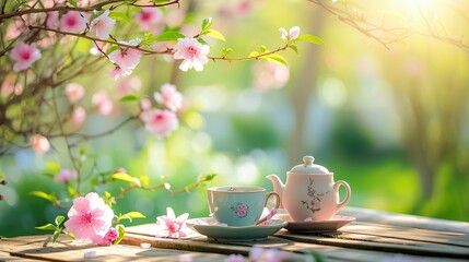 Serene Tea Setting with Fresh Blossoms in Garden
