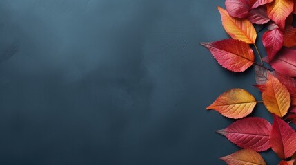 Colorful autumn leaves on a dark blue background with copy space. Generative AI