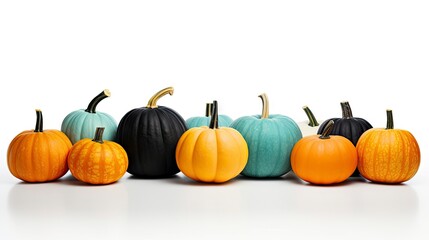 Pumpkins of different colors isolated on white background. 3D illustration. Generative AI