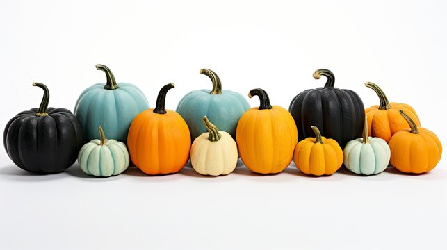 3d render of colorful pumpkins in a row on white background Generative AI