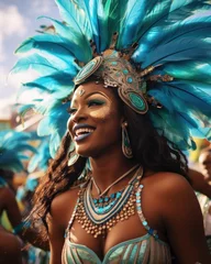 Deurstickers Joyful carnival dancer in a feathered costume. © InfiniteStudio