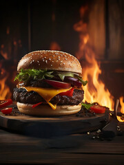 Fresh tasty beef burger with little steam on dark background. Homemade hamburger. Commercial...