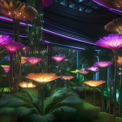 Bioengineered flora, glowing plants and flowers in a futuristic botanical garden3