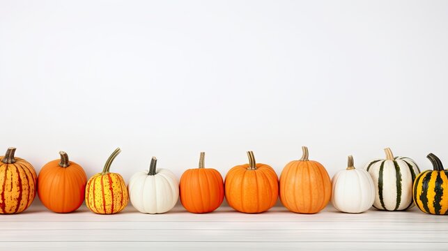 3d render of a row of different pumpkins on a white background Generative AI