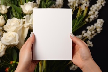 Hands holding a blank white card against a backdrop of colorful flowers