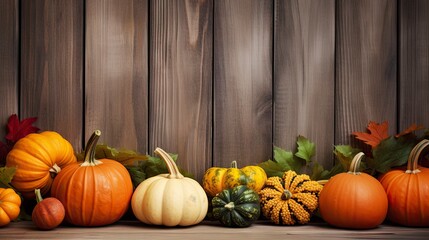 Autumn pumpkins and leaves on wooden background. Space for text Generative AI