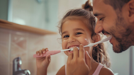 Father and daughter practicing dental care together, brushing teeth in their home bathroom