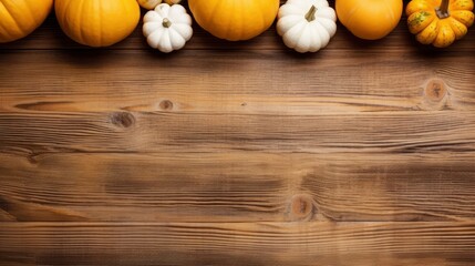 Autumn background with pumpkins and space for text on wooden board Generative AI