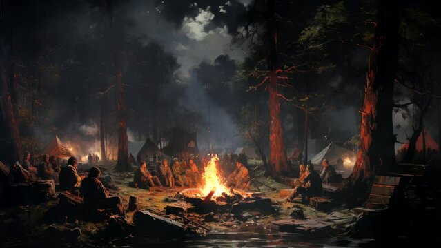 Woodland Warmth: A Gathering of People Amidst the Forest's Glow