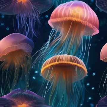 Ethereal Underwater Scene, Bioluminescent Jellyfish In A Dark Abyss, Digital Artwork2