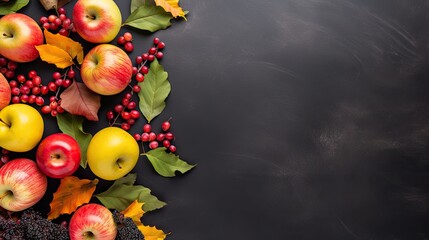 Autumn background with apples, rowan berries and leaves on blackboard Generative AI - obrazy, fototapety, plakaty