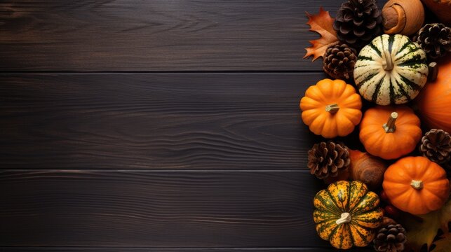 Autumn background with pumpkins, leaves and pine cones on wooden background Generative AI