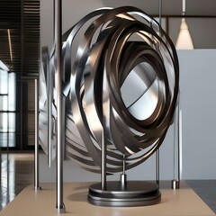 Abstract kinetic sculpture, rotating metal elements in dynamic motion, 3D render1