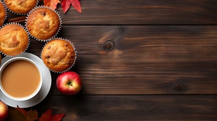 Obraz na płótnie Canvas Cup of coffee and muffins with autumn leaves on wooden background Generative AI