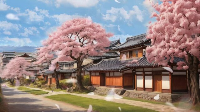 Landscape of traditional Japanese house with cherry blossoms in cartoon watercolor style. seamless looping video animation background