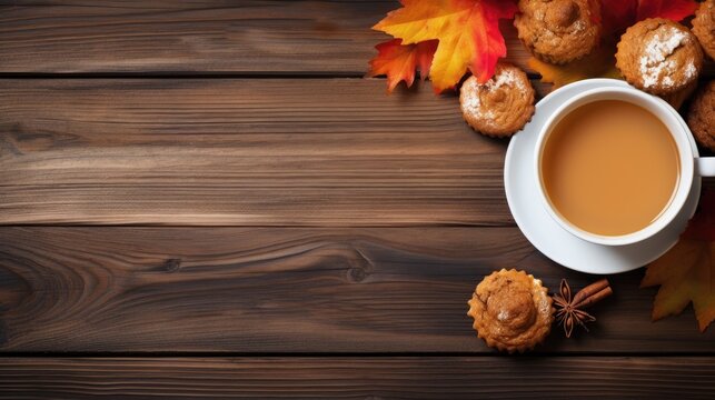 Cup of coffee with cookies and autumn leaves on wooden background. Generative AI