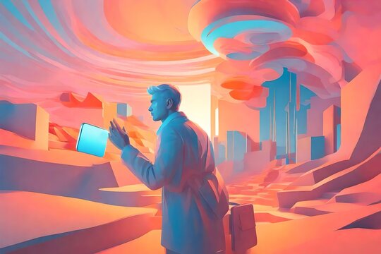 A Man In A Lab Coat Holding A Tablet Computer, Futuristic Digital Painting, Surreal Flat Colors, Sci-fi Digital Art Illustration, Digital Concept Art Illustration, Colorful Dystopian Futurism,  