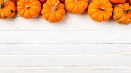 Autumn pumpkins on white wooden background. Top view with copy space. Generative AI