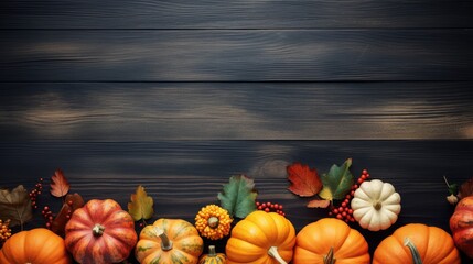 Autumn background with pumpkins, leaves and berries on dark wooden planks Generative AI