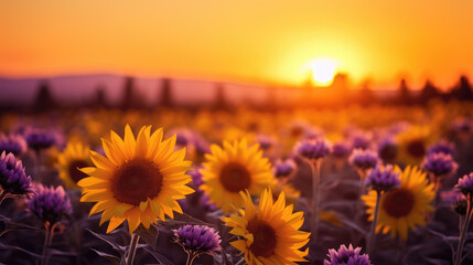 sunflowers and lavender in the afternoon sun, Ai generated Images