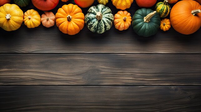 Colorful pumpkins on dark wooden background, top view, copy space Generative AI
