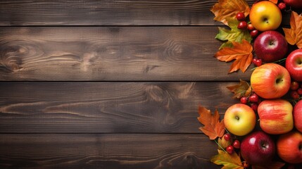 Autumn background with apples, rowan and leaves on wooden background Generative AI - obrazy, fototapety, plakaty