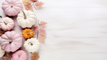 Autumn composition with pumpkins and leaves on white wooden background. Flat lay, top view, copy space Generative AI