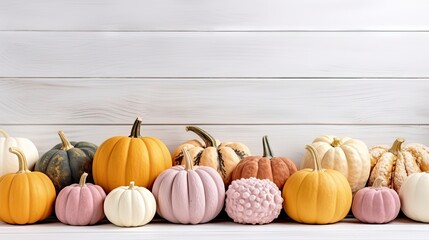 Colorful pumpkins on a white wooden background. Autumn harvest. Generative AI
