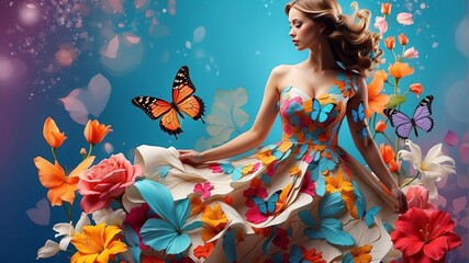 Woman in a Kaleidoscope of Colors Amidst Butterflies.