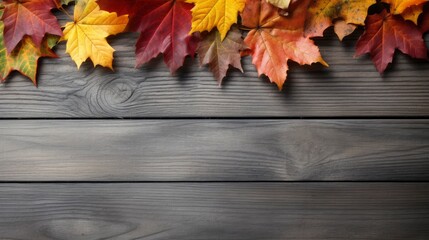 Naklejka na ściany i meble Autumn leaves on wooden background with copy space for your text. Generative AI