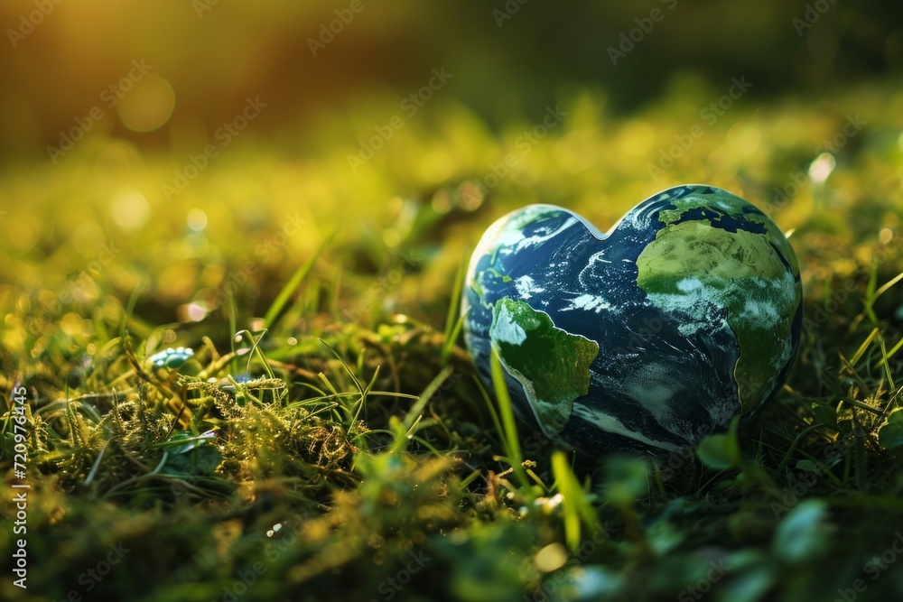 Poster planet earth in the shape of a heart. background with selective focus and copy space