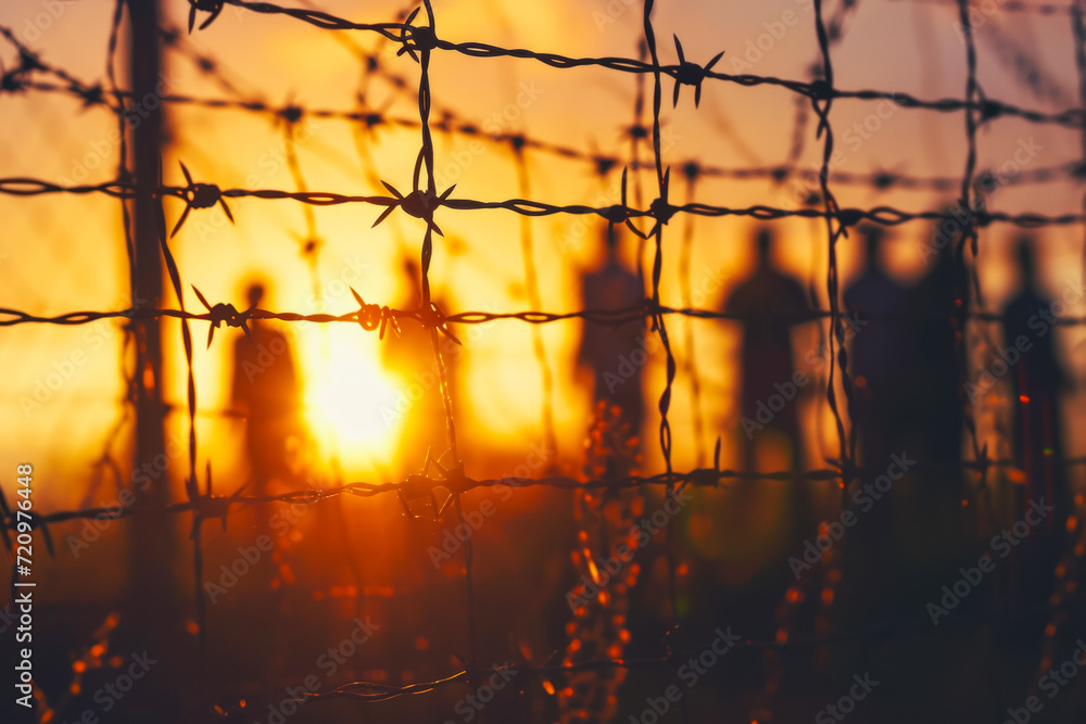Poster us state border fence. background with selective focus and copy space