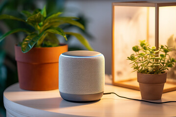 Smart speaker. Background with selective focus and copy space