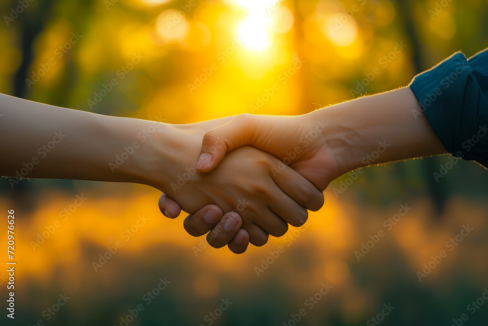 Poster handshake as a symbol of a deal. background with selective focus and copy space
