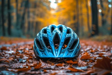 Bicycle helmet in the forest. Background with selective focus and copy space