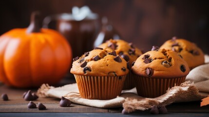 Chocolate muffins with chocolate chips and pumpkins on wooden background Generative AI - obrazy, fototapety, plakaty
