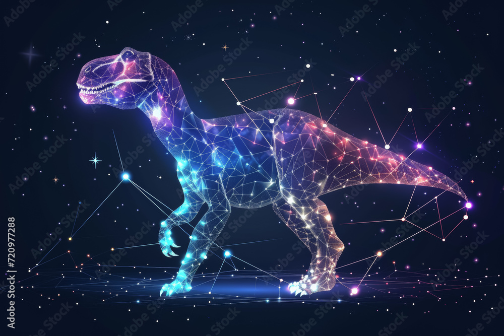 Poster dinosaur hologram made from digital dots. background with selective focus and copy space